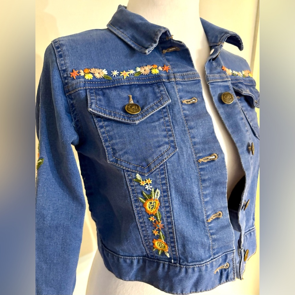 Girl’s Embroidered Jean Jacket with Floral Motif, Boho Chic, Size Youth Large